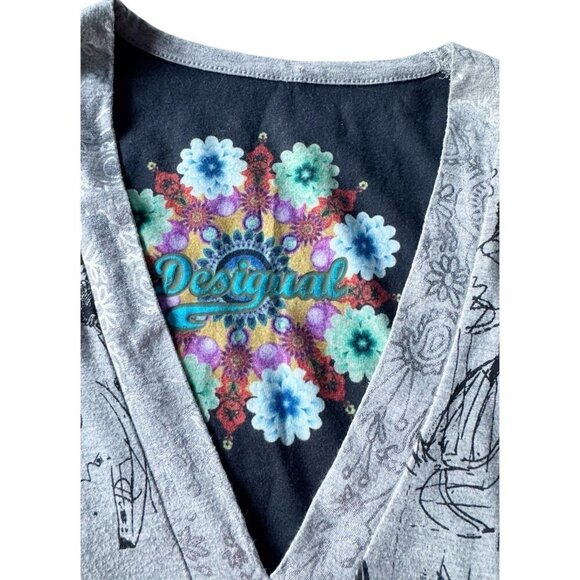 Desigual Woman's Sz M Gray Silver Turquoise Abstract Print V Neck Dress - Picture 4 of 10